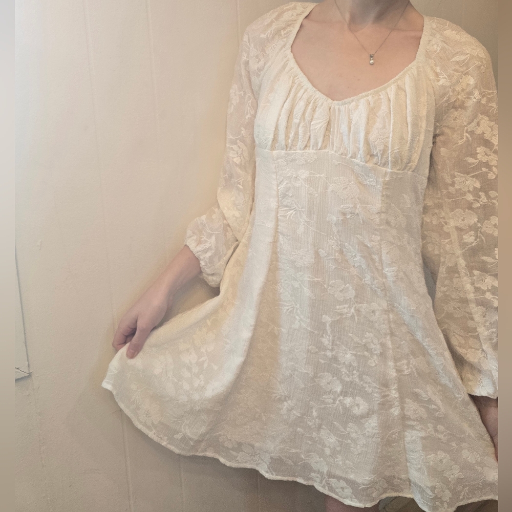 Romantic Lacy Mini Dress|Bishop Sleeves|Embroiderd|Open Back| Fairy| Coquette